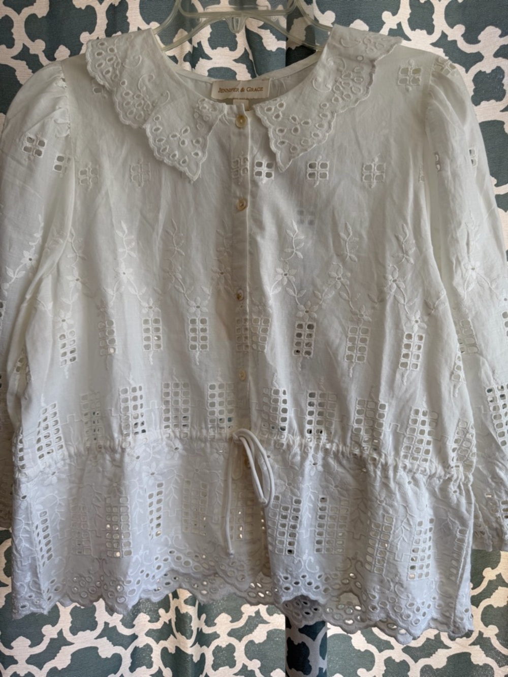 Jennifer & Grace Eyelet Lace Drawstring Button-Front Blouse NEW WITH TAGS